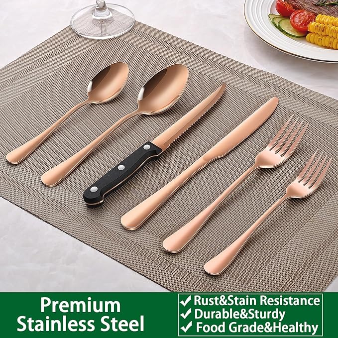 49-Piece Rose Gold Stainless Steel Silverware Sets With Organizer And Steak Knives Service For 8,Includes Knife Spoon And Fork Untensils Sets,Flatware Sets With Cutlery Tray