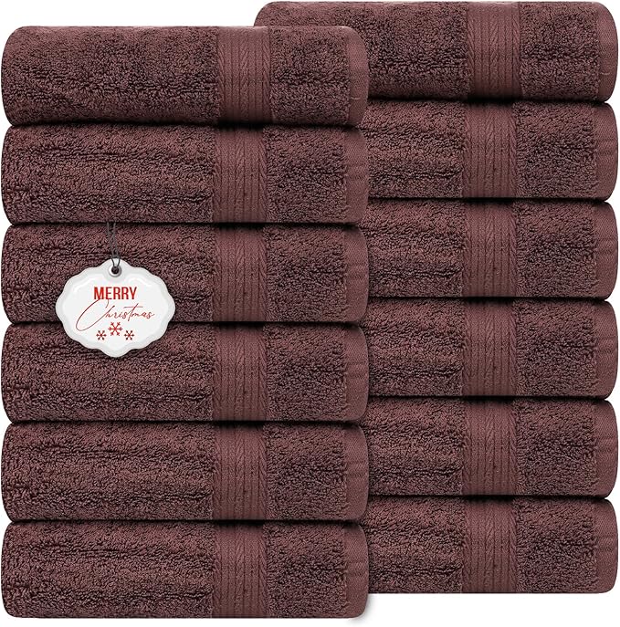 Ample Decor Hand Towel 18 X 28 Inch Pack of 12 600 GSM 100% Cotton,Oeko Tex Certified Soft Absorbent Thick Durable Premium Quality, for Hotel, Bathroom,Spa, Daily Use,Gym-Machine Washable-Brown