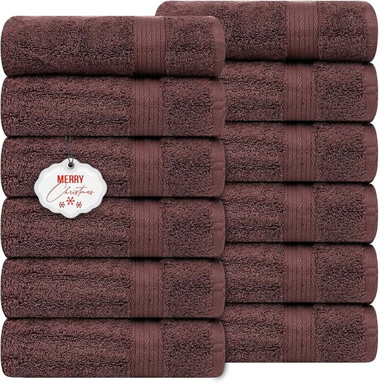 Ample Decor Hand Towel 18 X 28 Inch Pack of 12 600 GSM 100% Cotton,Oeko Tex Certified Soft Absorbent Thick Durable Premium Quality, for Hotel, Bathroom,Spa, Daily Use,Gym-Machine Washable-Brown