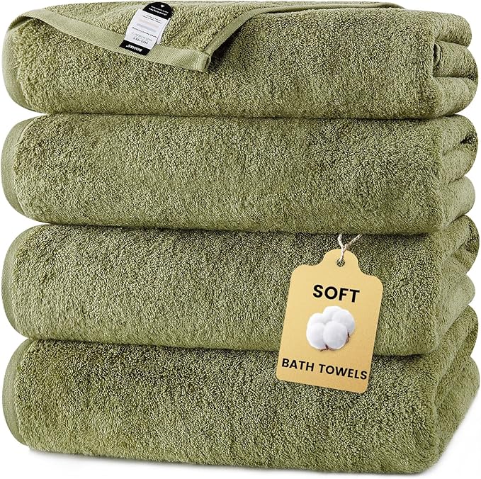 SEMAXE 4-Pack Luxury Bath Towels for Bathroom, 100% Cotton, Soft, Absorbent, and Quick-Drying, 55"x27", Green, Perfect for Hotels, Gyms, and Spas