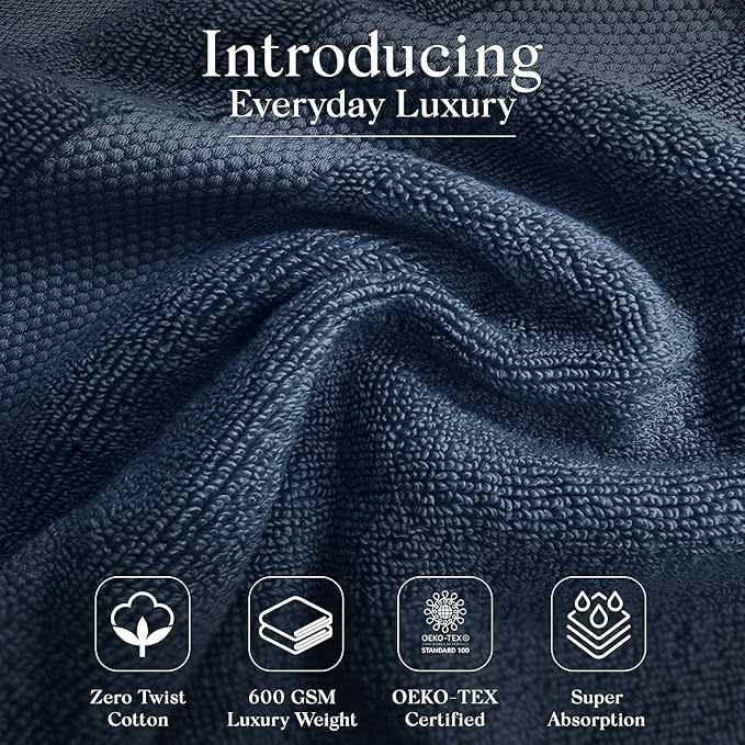 Premium Staple Cotton Bathroom Towel Set - Navy 600 GSM 6-Piece Luxury Bath Towel Set 3 Stripe - 2 Bath Towels, 2 Hand Towels & 2 Washclothes Set - High Absorbent & Quick Dry for Gym, Spa, Hotel