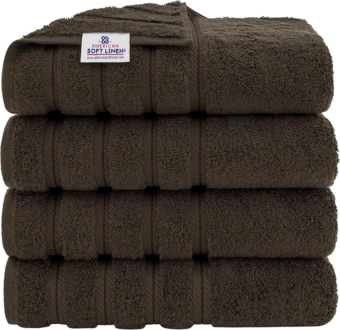 American Soft Linen Luxury 4 Piece Bath Towels, 600 GSM 100% Cotton Turkish Bath Towels for Bathroom, 27x54 in Extra Large Bathroom Shower Towels, Brown