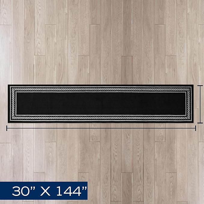 Nautica – Runner Rug | Indoor Runners for Hallways and Entry Rugs| Non-Slip and Non-Skid Entry and Kitchen Door Mat| Machine Washable Entryway Carpet Rugs | 2'6" x 12' | Rope Border Black
