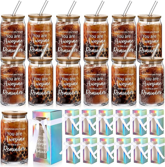 Layhit 12 Set Employee Appreciation Gifts Bulk You Are Awesome Glass Cups for Staff Coworker 16 oz Can Shaped Beer Glass with Lids Straws Brushes Boxes Ribbon for Nurse Teachers Day Housekeeping Week