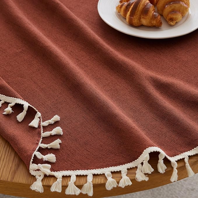 Linen Tablecloth with Tassels, Farmhouse Style Terracota Tablecloth, Water Resistant Burlap Tablecloths for Round Table, 60 Inch Round Terracota