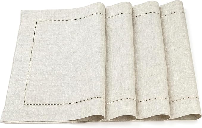 D'Moksha Homes Light Natural Linen Cloth Placemats Set of 4-100% Pure Linen Hemstitch Placemats 14 x 19 Inch - Classic Hemstitch Table Place Mats for Christmas - Handcrafted, Machine Washable