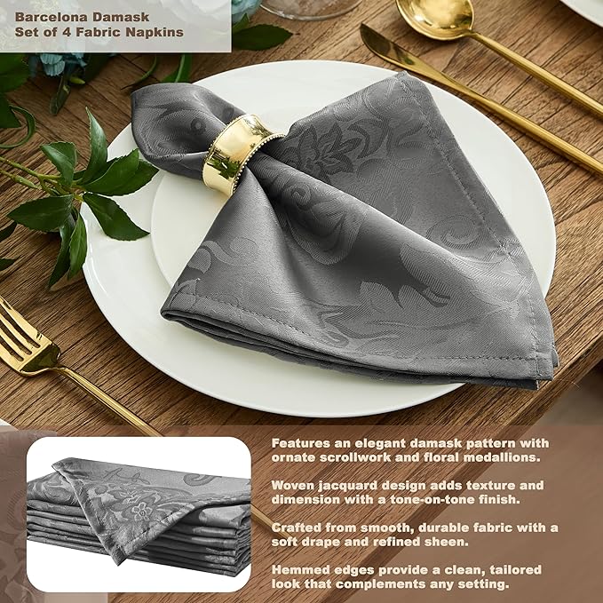 Newbridge Christmas Barcelona Damask Fabric Tablecloth, 52 x 52 Inch Square, Grey – No Iron, Soil Resistant Table Cover for Dining, Parties and Holidays