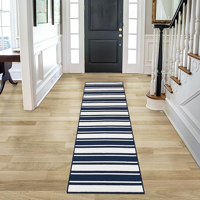 Nautica – Runner Rug | Indoor Runners for Hallways and Entry Rugs| Non-Slip and Non-Skid Entry and Kitchen Door Mat| Machine Washable Entryway Carpet Rugs |26” x 96” | Stripe Navy