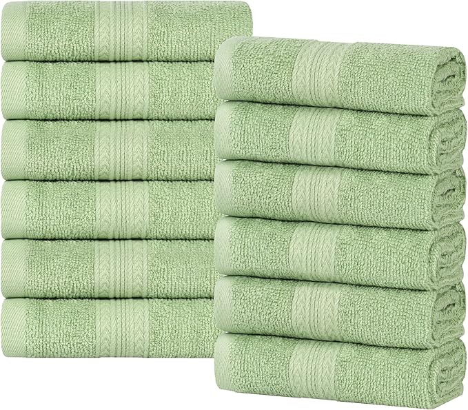 Superior Eco-Friendly Cotton 12-Piece Face Towel/Washcloth Set, Small, Fast Drying Towels for Face, Spa, Resort, Hotel, Hand, Shower, Guest Bathroom, Home, Airbnb, Apartment Essentials, Terrace Green