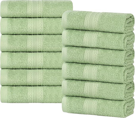 Superior Eco-Friendly Cotton 12-Piece Face Towel/Washcloth Set, Small, Fast Drying Towels for Face, Spa, Resort, Hotel, Hand, Shower, Guest Bathroom, Home, Airbnb, Apartment Essentials, Terrace Green