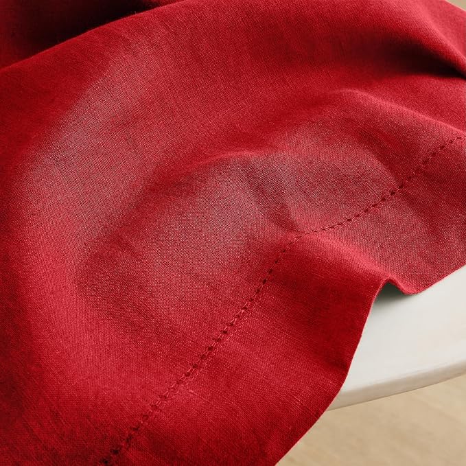 Solino Home Linen Red Tablecloth 70 x 132 Inch - Sonoma Hemstitch, 100% Pure Linen Rectangular Tablecloth - Machine Washable Table Cloth for Valentines, Holiday, Winter, New Year