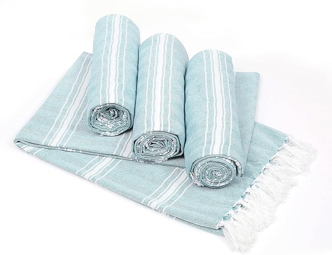 Belizzi Home Turkish Beach Towel -Large Beach Towels Oversized 4 Pack - Soft Durable Compact Lightweight Quick Dry Sand Free Bath Pool Towel Set for Beach Gifts Clearance Vacation Travel - Aqua Blue