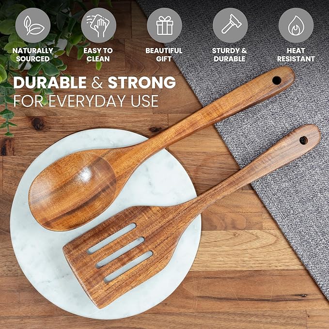 Zulay Kitchen Teak Wood Utensil Set – 2 Piece Large Wooden Cooking Spoon and Slotted Turner, Handcrafted Natural Teak Wood Kitchen Utensils, Durable, Nonstick Safe & Smooth Finish