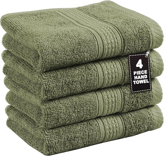 LANE LINEN 4 PCs Hand Towel Set for Bathroom (16"x28") - 100% Ringspun Cotton Hand Towel Set - Quick Dry, Ultra Soft & Absorbent, Durable Large Hand Towels - Tumble Dry Regains Fluffiness - Oil Green