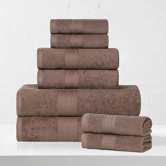 Superior Eco-Friendly Cotton 8-Piece Towel Set, Bathroom, Shower, Quick Dry Home Essentials, Lightweight, Sustainable Towels, 2 Bath, 2 Hand, 4 Face Towels, Washcloth, Highly Absorbent, Coffee