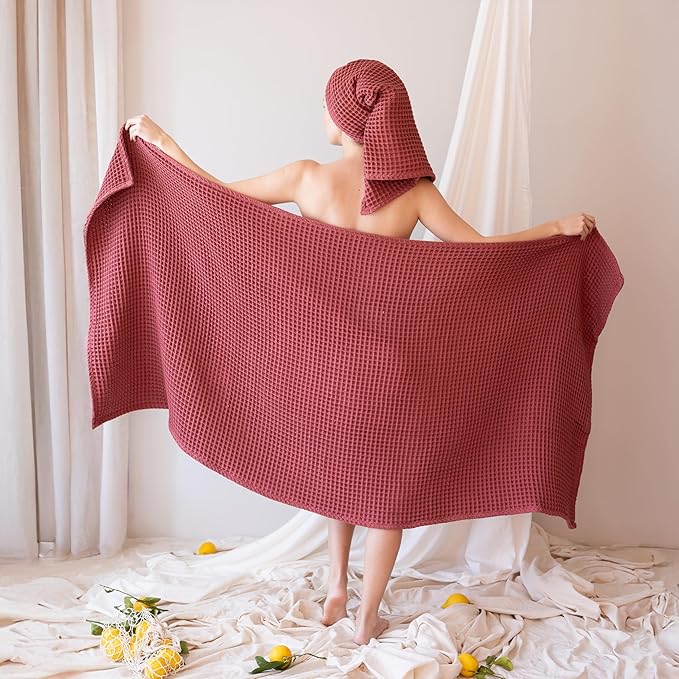 4-Piece Waffle Towels Set for Bathroom - Soft 100% Turkish Cotton Quick-Dry Lint-Free Waffle Weave Thin Bath and Hand Towels (Dark Red, 2 Bath & 2 Hand Towel Set)