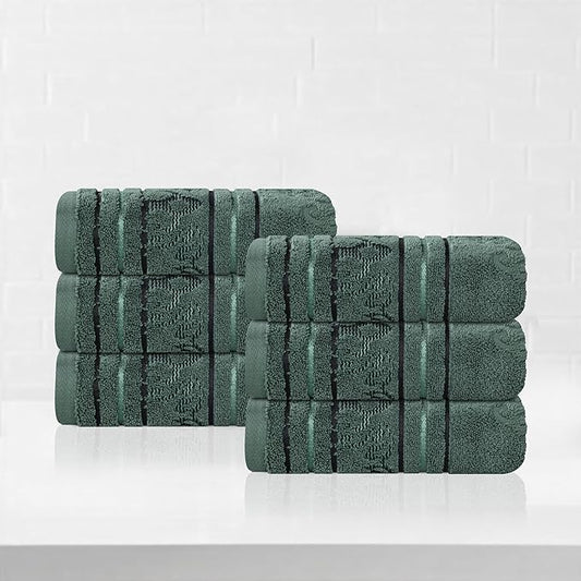 Superior Cotton Hand Towel Set, Small Towels, Plush Soft Absorbent Bathroom Basics, Home Essentials, Spa, Hotel, Kitchen, Luxury Quick Drying, Zero-Twist, Jacquard Floral, Set of 6, Forest Green