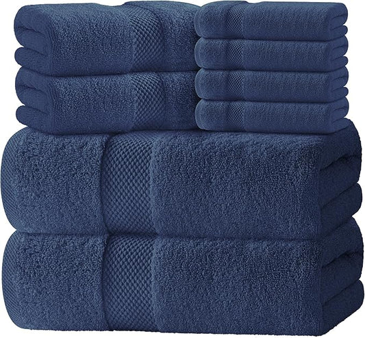 White Classic Luxury Bath Towel Set of 8 Pieces - 100% Turkish Cotton Highly Absorbent Towels for Bathroom, 2 Luxury Bath Towels 700GSM, 2 Hand Towels, 4 Washcloths, Navy