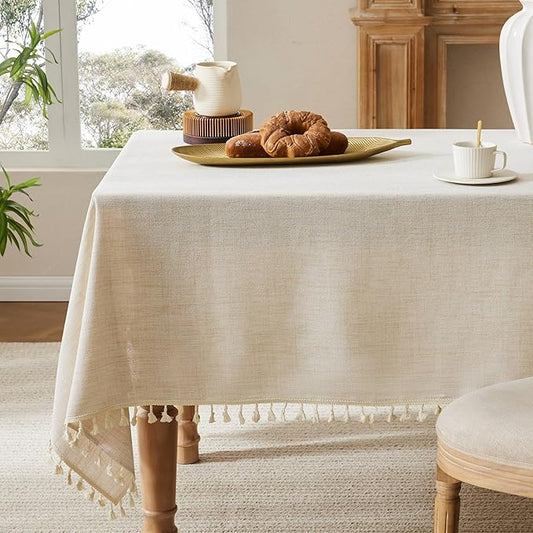 Linen Tablecloth with Tassels, Farmhouse Style Light Beige Tablecloth, Water Resistant Burlap Tablecloths for Rectangle Table, 60x84 Inch Light Tan