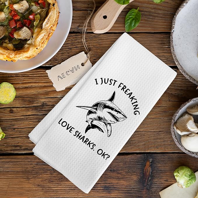 Shark Kitchen Towels, Shark Gifts for Women Men Kids Lovers, I Just Freaking Love Sharks Bathroom Room Decor Decorations Dish Hand Tea Towels for Bathroom Kitchen, 16x24 Inch