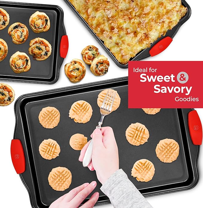 PERLLI Non-Stick 3-Piece Baking Pan Set, BPA-Free Carbon Steel Bakeware Set with Silicone Handles, Stackable Kitchen Oven Set, Cookie Sheet, Baking Tray, Baking Sheet Set, Oven Safe (446°F)