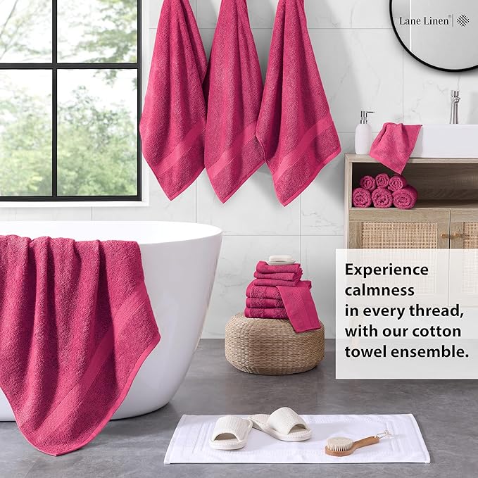 LANE LINEN 100% Ring Spun Cotton Luxury Bath Towel Set - 18 PCs - 4 Bath Towels, 8 Washcloths & 6 Turkish Hand Towels for Bathroom - Sustainably Produced, Ultra Soft & Absorbent - Fuschia
