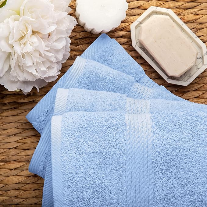 Superior Egyptian Cotton Pile Hand Towel Set of 4, Ultra Soft Luxury Towels, Thick Plush Essentials, Absorbent Heavyweight, Guest Bath, Hotel, Spa, Home Bathroom, Shower Basics, Light Blue