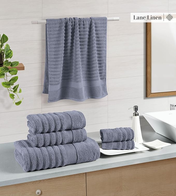 LANE LINEN Towels for Bathroom - 100% Cotton Bath Towel Set of 6 - Includes 2 Bath, 2 Bathroom Hand Towels, 2 Wash Cloths for Your Face - Zero Twist, Ribbed, Quick Dry Towel for Daily Use - Cool Grey