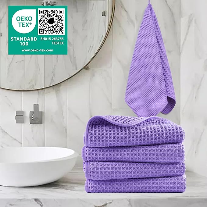 POLYTE 430 GSM Microfiber Lint Free Hand Towel, 16 x 30 in, 4 Pack (Waffle Weave)