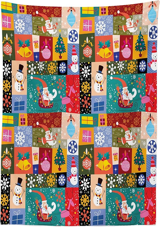 Ambesonne Christmas Tablecloth, Modern Design Theme Funny Xmas Winter Patterns Theme, Rectangular Table Cover for Dining Room Kitchen Decor, 52" X 70", Red Blue