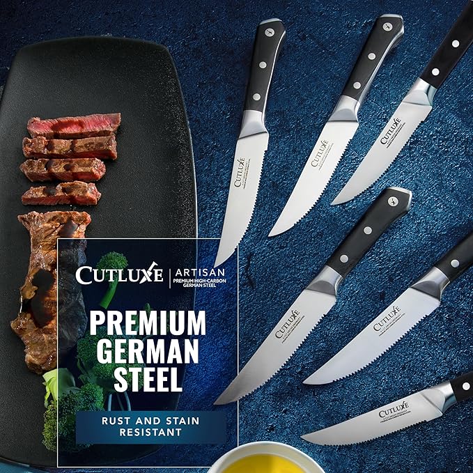 Cutluxe Steak Knives Set of 6, Serrated Steak Knives – Forged High Carbon German Steel, Full Tang, Ergonomic Handle Design – Artisan Series