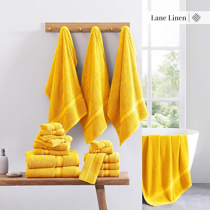LANE LINEN 18 Pc Luxury Bath Towels Set – Ultra Soft 100% Mercerized Cotton, 6 Bath, 6 Hand Towel & 6 Wash Cloth, Zero Twist, Quick-Dry, Long-Lasting Comfort & Hotel Quality, Machine Washable – Mimosa