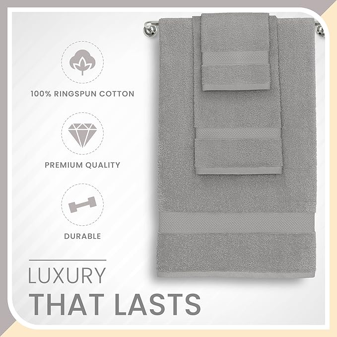 6-Piece Luxury 100% Cotton Towel Set | Quick Dry | Super Absorbent | Super Soft 100% Ringspun Cotton Towels | 2 Bath Towels | 2 Hand Towels | 2 Wash Cloths | Silver