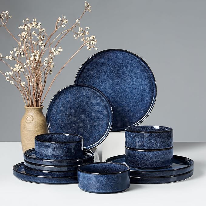 HaWare Dinnerware Sets, 12-Piece Plates and Bowls Set, Stoneware Dish Set for 4, Ceramic Dinnerware for Home Restaurant, Chip and Scratch Resistant, Microwave and Dishwasher Safe, Reactive Starry Blue