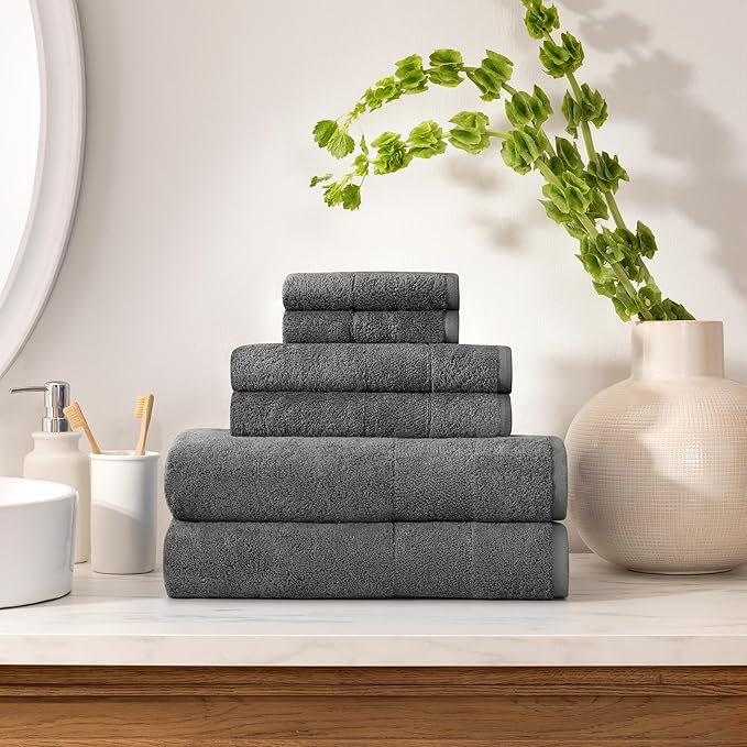 Aston & Arden Aegean Terry 6 Piece Bath Towel Set - Ringspun Turkish Cotton Thick and Soft Absorbent Luxury Hotel and Spa Bathroom Towel, 600 GSM, Dark Grey