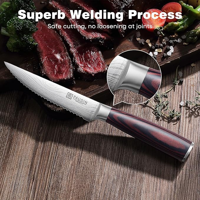 PAUDIN Steak Knives Set of 6, Kitchen Steak Knife 4.5 Inch, High Carbon Stainless Steel Steak Knives, Serrated Steak Knife with Pakkawood Handle, Dinner Knives with Gift Box