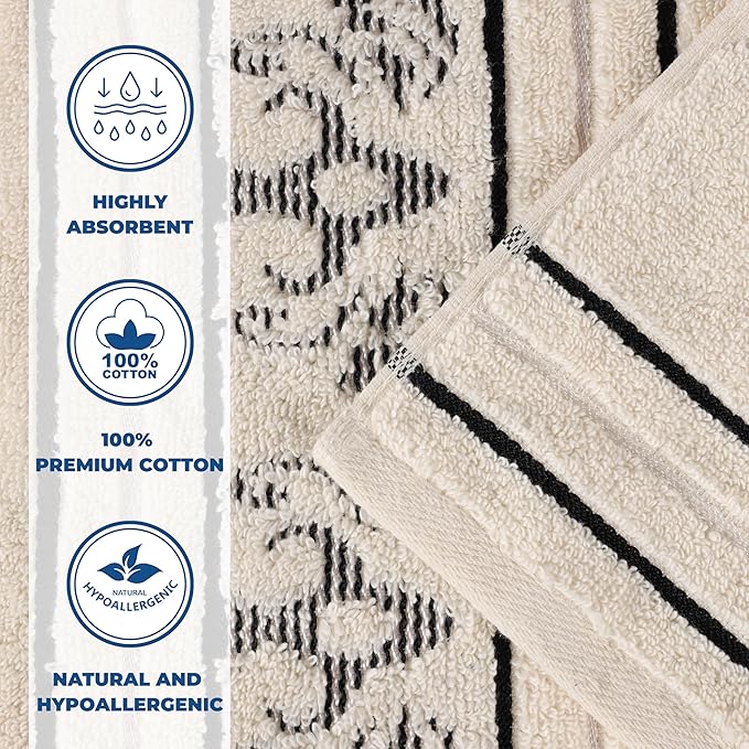 Superior Cotton 8 Piece Assorted Floral Towel Set, Includes 2 Bath, 2 Hand, 4 Washcloth/Face Towels, Quick Dry, Home Essentials, Shower, Spa, Luxury Plush Soft Absorbent Towels, Zero Twist, Ivory