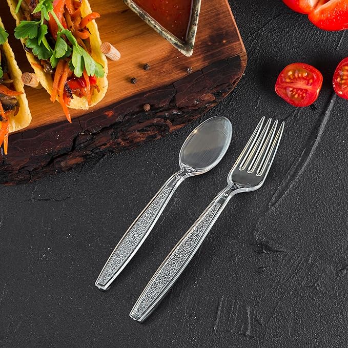 200 Count Plastic Silverware Heavy Duty - Clear Plastic Forks And Spoons Set - BPA Free Plastic Utensils Set - Heat Resistance Cutlery For All Occasions