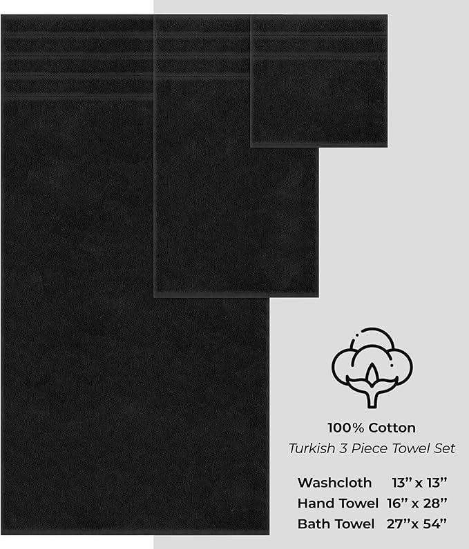 American Soft Linen Premium 3 Piece Towel Set, 1 Bath Towel 1 Hand Towel 1 Washcloth, 600 GSM 100% Cotton Turkish Towels for Bathroom, Black Towel Set