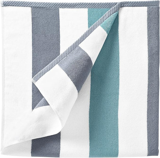 Laguna Beach Textile Co. Striped Cabana Beach Towel - Oversized, Plush 630 GSM Cotton - Stone Gray and Sea Glass Green
