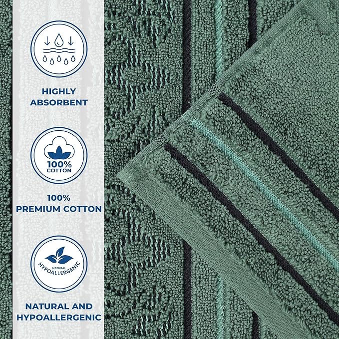 Superior Cotton Bath Towel Set, Large Plush Absorbent Body Towels, Luxury Soft Quick Drying, Shower, Spa, Pool, Guest Bathroom, Home Essentials, Zero Twist, Assorted Design, Set of 4, Forest Green