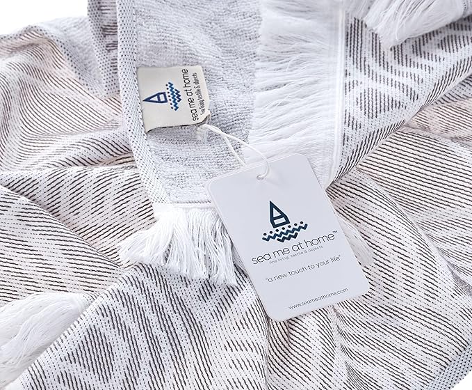 sea me at home Kitchen Towels Decorative Set of 2, Turkish Hand Towels for Bathroom, Luxury Turkish Cotton Dish Tea Towels 14 x 30 Inches for Modern, Boho, and Farmhouse Decor (Gray Waves)