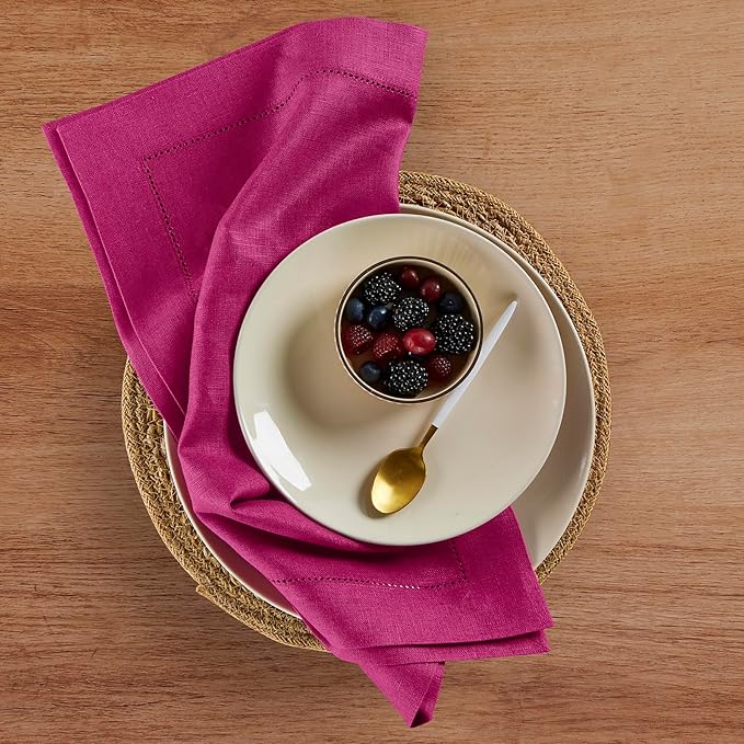 Solino Home Linen Napkins Set of 4 - Medium Weight 100% Pure Linen Hemstitch Festive Fuchsia Dinner Napkins Cloth 20 x 20 Inch for Valentines - Handcrafted and Machine Washable