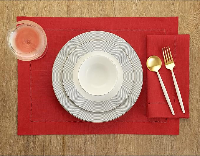 Solino Home Linen Cloth Placemats Set of 6-100% Pure Linen Hemstitch Red Placemats 14 x 19 Inch - Classic Hemstitch Table Place Mats for Valentines, Winter, New Year