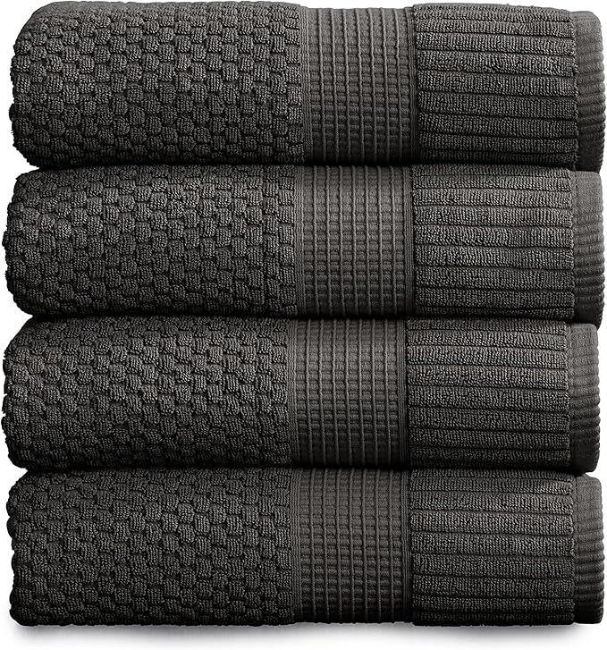 NY Loft 100% Cotton 4 Pack Bath Towels, 30" x 52", Dark Grey, Quick-Dry, Absorbent, OEKO-TEX Certified, Machine Washable