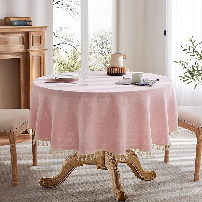 Linen Tablecloth with Tassels, Farmhouse Style Pink Tablecloth, Water Resistant Burlap Tablecloths for Round Table, 52 Inch Round Pink