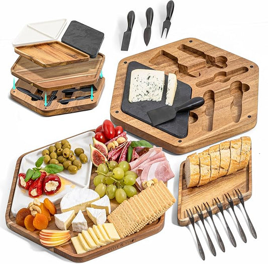 Cheese Board Set - Wood Charcuterie Boards for Serving Cheese, Crackers, Meat, Olives - Serving Board for Gift, Entertaining, & Parties - Wooden Cheese Platter w/Tray, Knives, & Forks