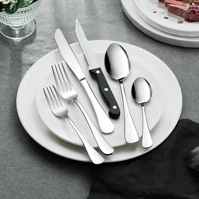 E-far Silverware Set with Organizer, 49-Piece Stainless Steel Flatware Cutlery Set for 8 with Steak Knives, Kitchen Metal Eating Utensils Sets Include Forks Spoons Knife, Mirror Polished & Rust Proof