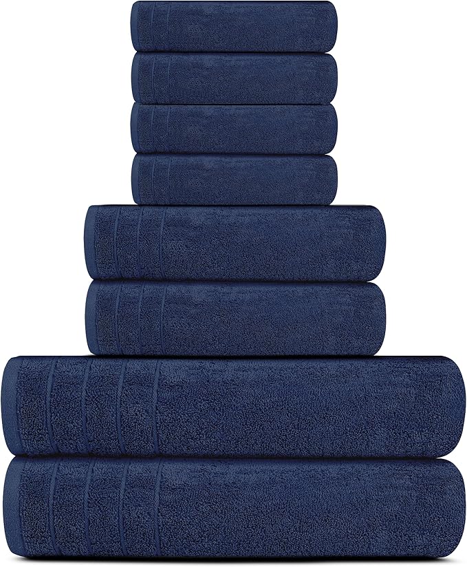 Tens Towels Pack of 8 Towels Set, 2 Extra Large Bath, 2 Hand, 4 Washcloths, 100% Cotton, Lighter Weight, Quicker to Dry, Super Absorbent, Perfect for Bathroom, Navy