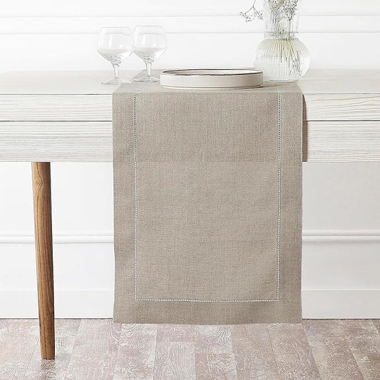 D'Moksha Homes Linen Natural Table Runner 144 Inches Long - 100% Pure Linen Extra Long Table Runner 14 x 144 Inch for Winter, Holiday, New Year - Classic Hemstitch